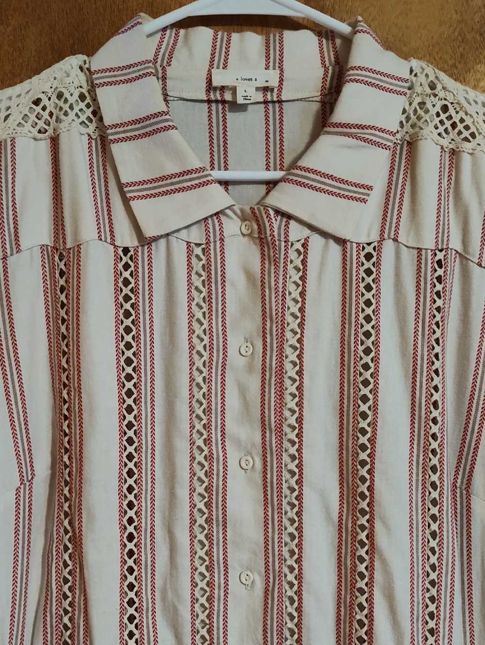 a Loves a Pleated Dress Cream Red Crochet Detail Long Sleeve Cotton -No Belt- L - Picture 3 of 16
